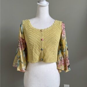 Matix Yellow Crochet Floral Accordion Bell Sleeve Cropped Blouse